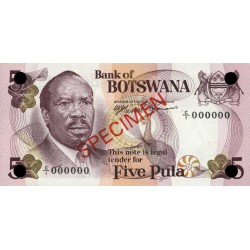 1979 -  Boswana PIC 3s   billete de 5 Pulas Especimen
