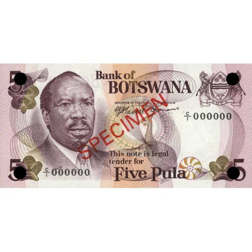 1979 -  Boswana PIC 3s    5 Pulas Banknote Specimen