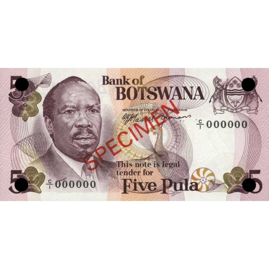 1979 - Boswana PIC 3s 5 Pulas Banknote Specimen 1979 - Boswana PIC 3s 5 Pulas Banknote Specimen