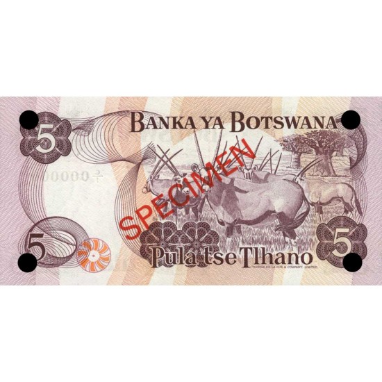 1979 - Boswana PIC 3s 5 Pulas Banknote Specimen 1979 - Boswana PIC 3s 5 Pulas Banknote Specimen