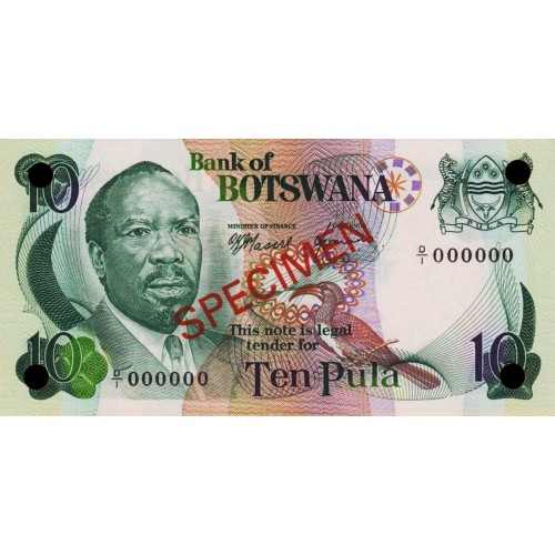 1976 -  Botswana PIC 4s1 billete de 10 Pula Especimen