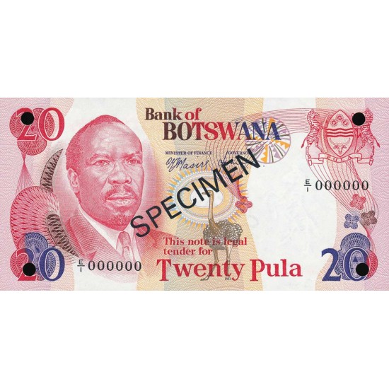 1979 - Boswana PIC 5as 20 Pulas Banknote Specimen 1979 - Boswana PIC 5as 20 Pulas Banknote Specimen