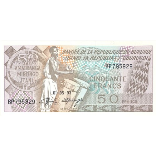 1991 - Burundi PIC 28c 50 Francs banknote