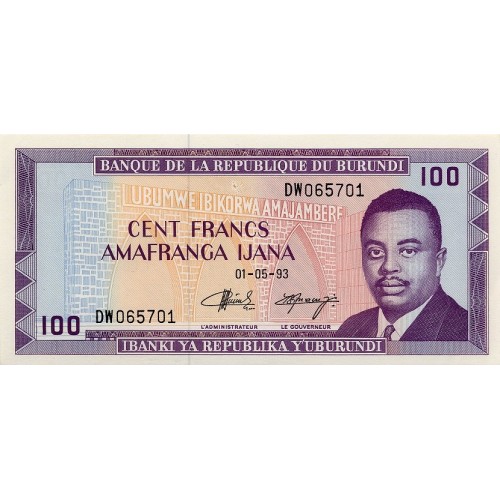 1993 - Burundi PIC 29c billete de 100 Francos