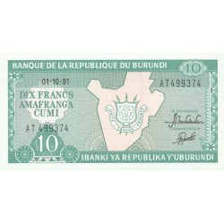 1991 - Burundi  PIC 33b    10 Francs banknote
