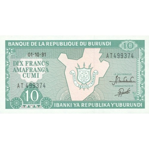 1991 - Burundi PIC 33b billete de 10 Francos
