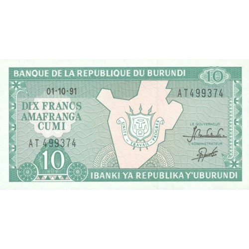 1991 - Burundi PIC 33b 10 Francs banknote