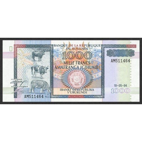 1994 - Burundi PIC 39a 1000 Francs banknote