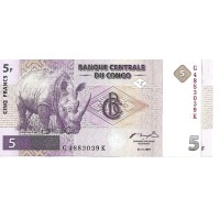 1997 -  Congo Republica Democratica PIC 86A billete de 5 Francos