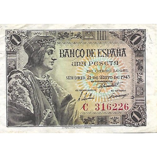 1943 - Spain PIC 126 1 peseta VF