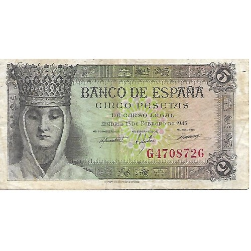 1943 - España GU 459 billete de 5 pesetas BC