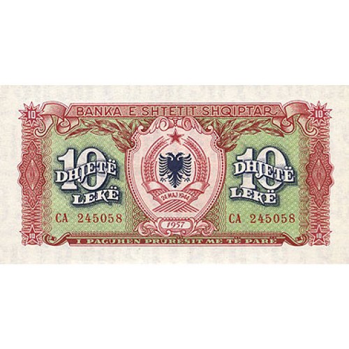 1957 -  Albania P28a billete de 10 Leke