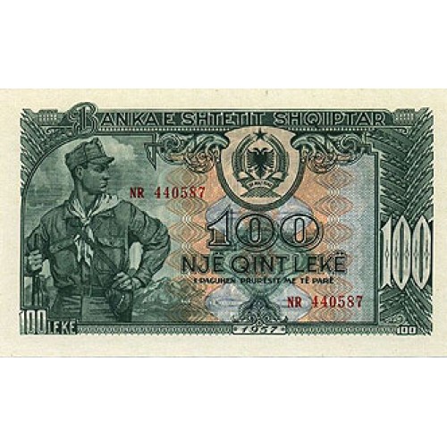 1957 -  Albania P30a billete de 100 Leke