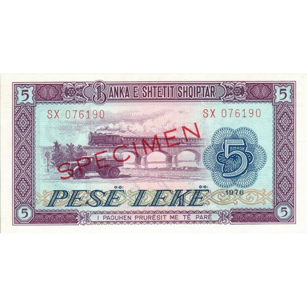 1976 - Albania P42s.2 5 Leke notebank Specimen