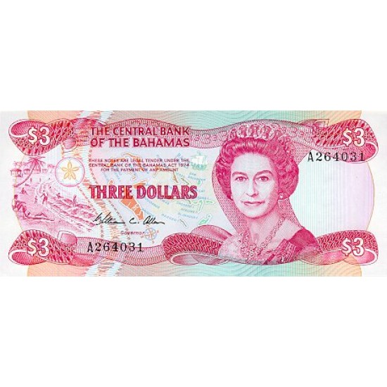 1984 - Bahamas P44 3 Dollars banknote 1984 - Bahamas P44 3 Dollars banknote