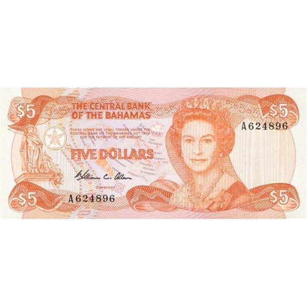 1984 - Bahamas P45b 5 Dollars banknote
