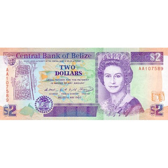 1990 - Belize P52a 2 Dollars banknote 1990 - Belize P52a 2 Dollars banknote