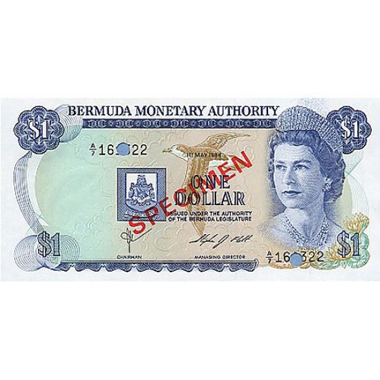 1984 - Bermuda P28bs 1 Dollar banknote Specimen 1984 - Bermuda P28bs 1 Dollar banknote Specimen