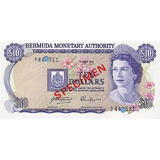 1978 - Bermuda P30as 10 Dollars banknote Specimen 1978 - Bermuda P30as 10 Dollars banknote Specimen