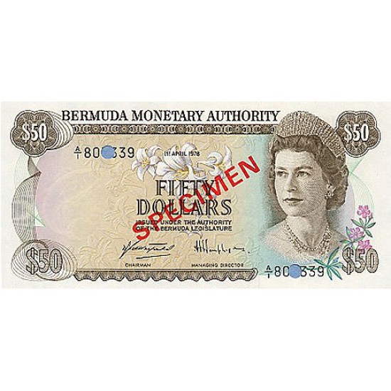 1978 - Bermuda P32bs 50 Dollars banknote Specimen 1978 - Bermuda P32bs 50 Dollars banknote Specimen