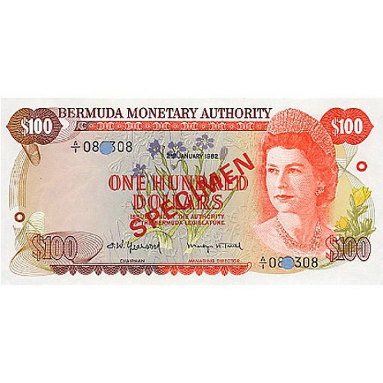 1982 - Bermuda P33as 100 Dollars banknote Specimen 1982 - Bermuda P33as 100 Dollars banknote Specimen