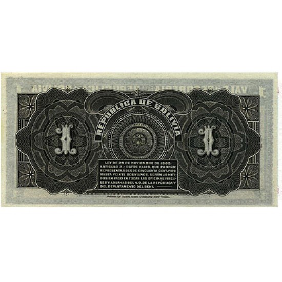 1902 - Bolivia P92 1 Boliviano banknote 1902 - Bolivia P92 1 Boliviano banknote