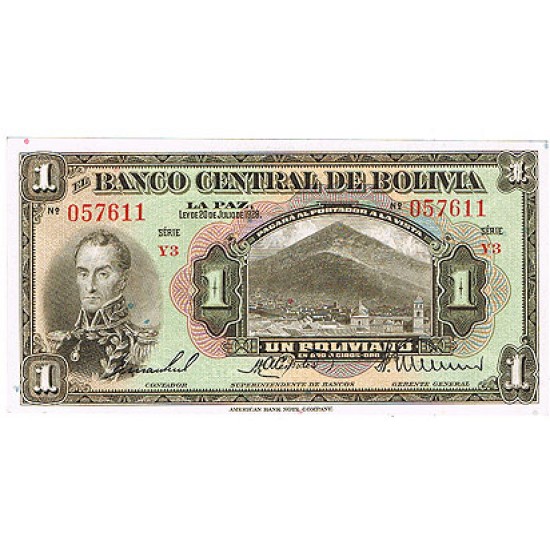 1928 - Bolivia P118 1 Boliviano banknote 1928 - Bolivia P118 1 Boliviano banknote
