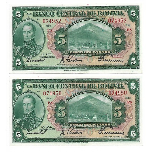 1928 - Bolivia P120a billete de 5 Bolivianos EBC