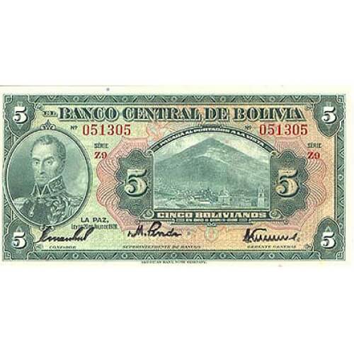 1928 - Bolivia P120a billete de 5 Bolivianos