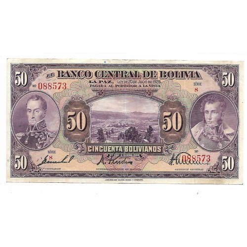 1928 - Bolivia P124a billete de 50 Bolivianos EBC
