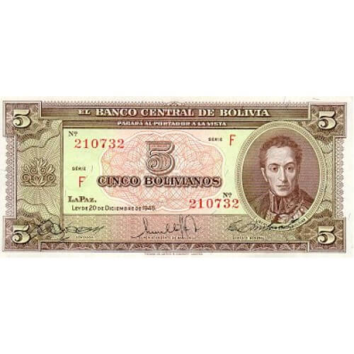 1945 - Bolivia P138a 5 Bolivianos banknote