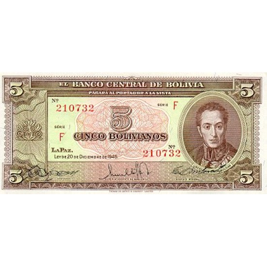 1945 - Bolivia P138 5 Bolivianos banknote 1945 - Bolivia P138 5 Bolivianos banknote