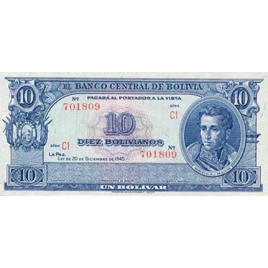 1952 - Bolivia P139b 10 Bolivianos banknote 1952 - Bolivia P139b 10 Bolivianos banknote