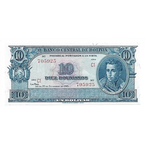 1945 - Bolivia P139d billete de 10 Bolivianos