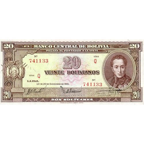 1945 - Bolivia P140a 20 Bolivianos banknote