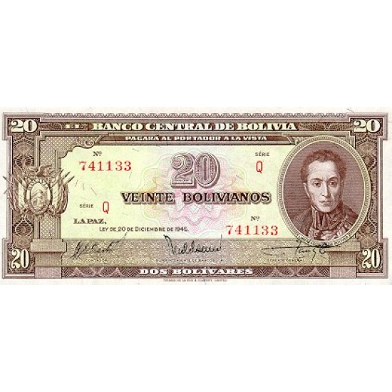 1945 - Bolivia P140a 20 Bolivianos banknote 1945 - Bolivia P140a 20 Bolivianos banknote