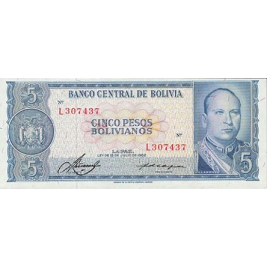 1962 - Bolivia P153a 5 Pesos Bolivianos banknote 1962 - Bolivia P153a 5 Pesos Bolivianos banknote