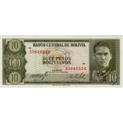 1962 - Bolivia P154a 10 bolivian pesos banknote