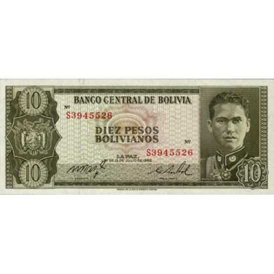 1962 - Bolivia P154a 10 Pesos Bolivianos banknote 1962 - Bolivia P154a 10 Pesos Bolivianos banknote
