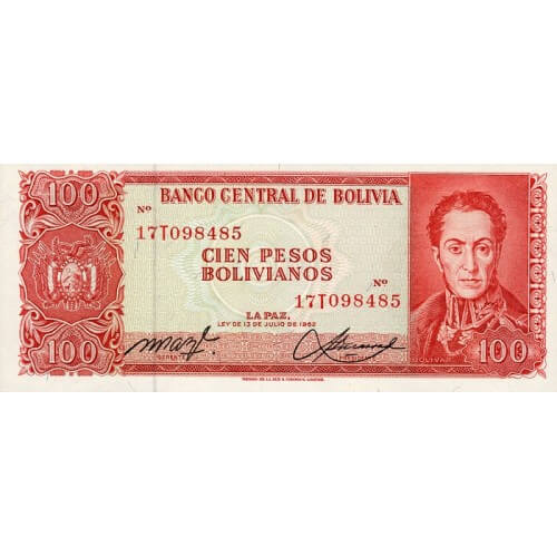 1962 - Bolivia P164A billete de 100 Bolivianos