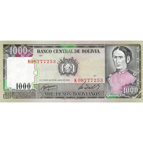 1982 - Bolivia P167a 1,000 Bolivian Pesos banknote