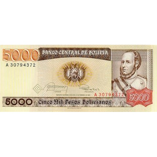 1984 - Bolivia P168 5,000 Pesos Bolivianos banknote 1984 - Bolivia P168 5,000 Pesos Bolivianos banknote