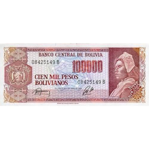 1984 - Bolivia P171a 100,000 Pesos Bolivianos banknote