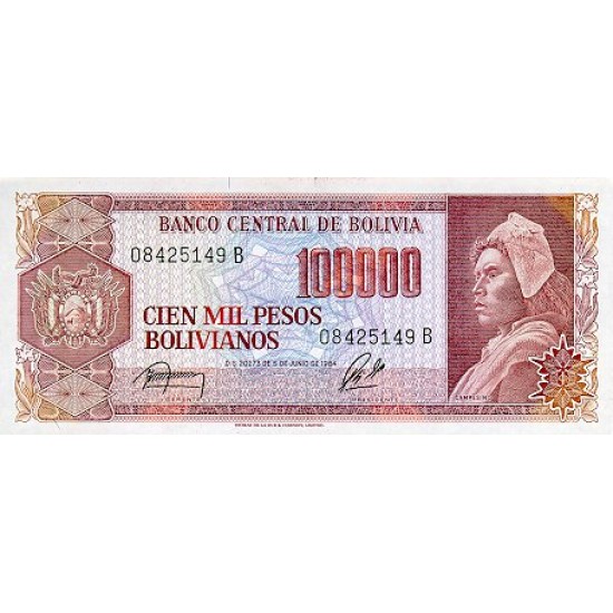 1984 - Bolivia P171a 100,000 Pesos Bolivianos banknote 1984 - Bolivia P171a 100,000 Pesos Bolivianos banknote