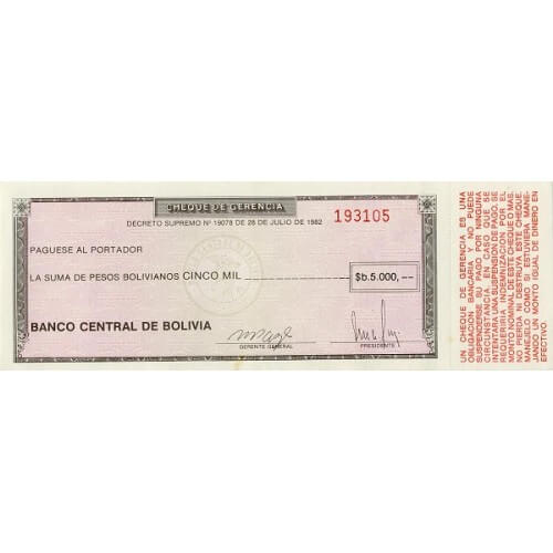 1982/86 - Bolivia P172a 5,000  Bolivian Pesos  banknote