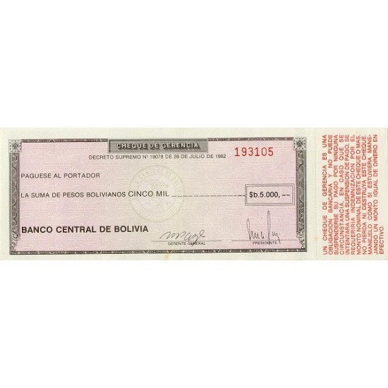 1982/86 - Bolivia P172a 5,000 Bolivian Pesos banknote 1982/86 - Bolivia P172a 5,000 Bolivian Pesos banknote