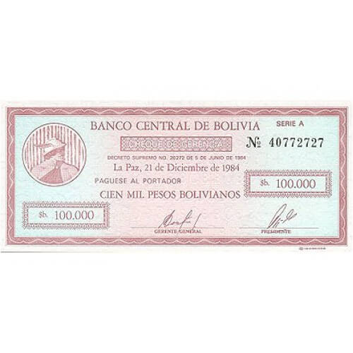 1984 - Bolivia P188 100,000 Pesos Bolivianos banknote