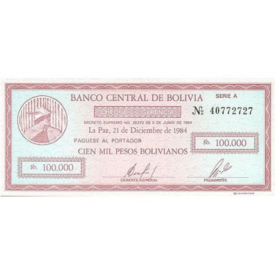 1984 - Bolivia P188 100,000 Pesos Bolivianos banknote 1984 - Bolivia P188 100,000 Pesos Bolivianos banknote