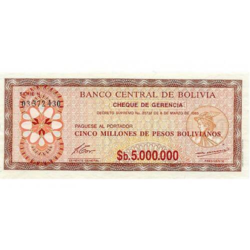 1985 - Bolivia P193a billete de 5 Millones de Pesos Bolivianos