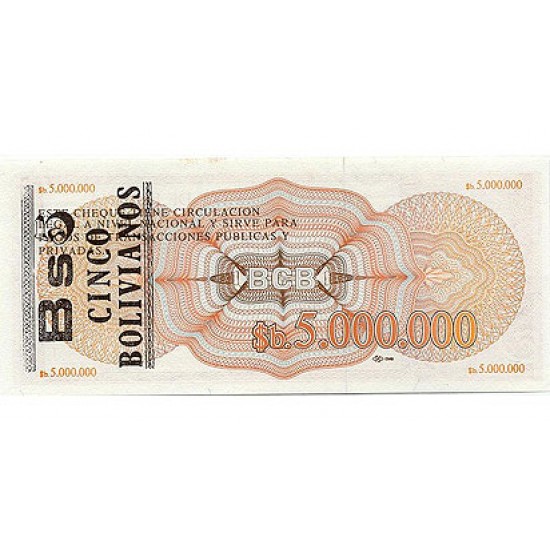 1987 - Bolivia P200 5 Bolivianos en 5 Million Pesos banknote 1987 - Bolivia P200 5 Bolivianos en 5 Million Pesos banknote